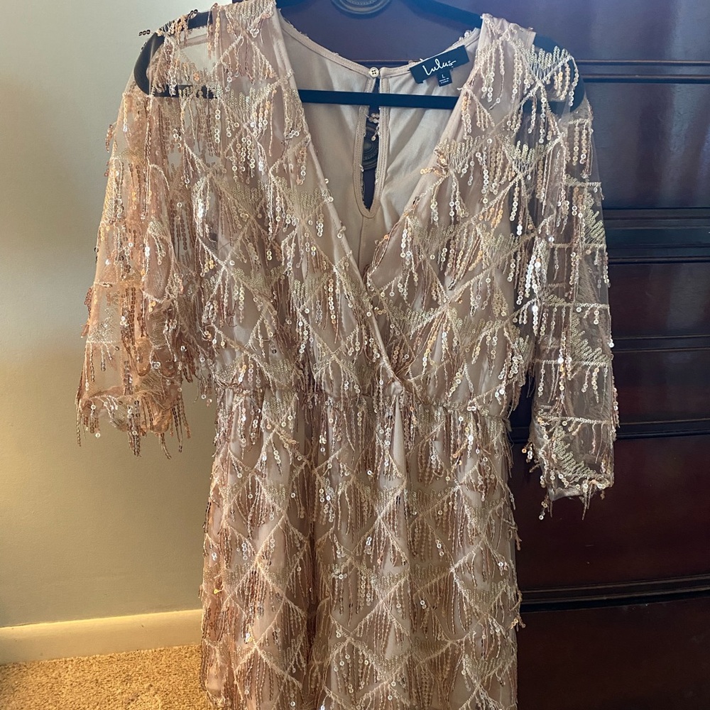 Lulus “Sweet Sparkles” Rose Gold Sequin Fringe Embroidered Romper